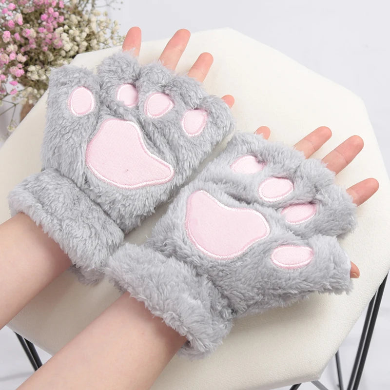 Lunivop Women Cartoon Cat Claw Gloves Thickened Plush Lovely Style Bear Paw Exposed Fingers Half Winter Mittens Warm Girls Gift Gloves