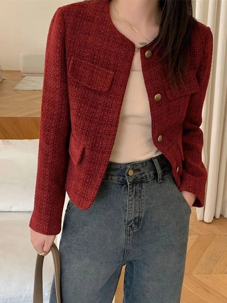 Lunivop Zoki Women Slim Vintage Jacket Fall Winter Long Sleeve Sweet Elegant Coat French Casual Female O Neck Single Breasted Retro Tops
