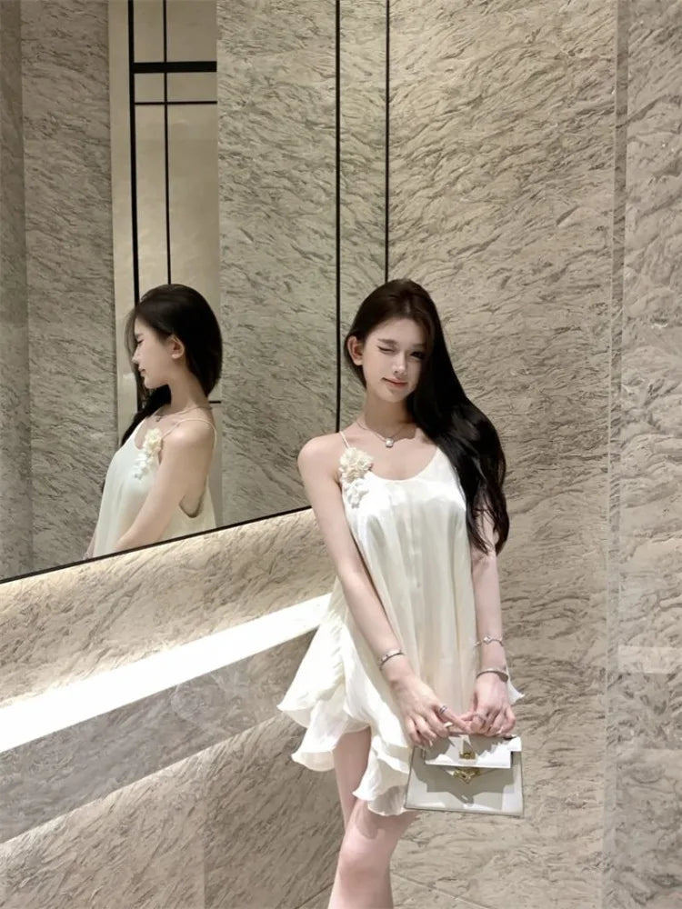 Lunivop  Woman Dress Sleeveless V Neck Flowers Irregular Solid V Neck Sweet Elegant Party Mini Dresses Female Casual Summer