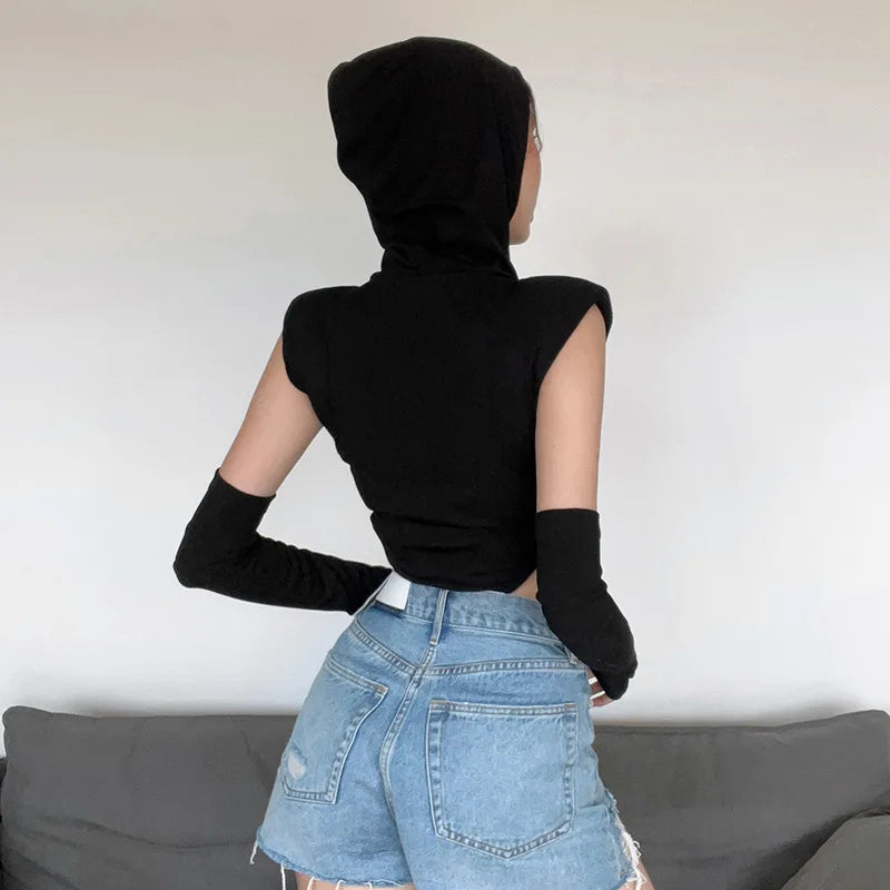 Lunivop Black Sexy Mysterious Hot Mature Glamour Simple Knit Stretch High Street Off Season Hooded Women's Bodysuit With Sleeves