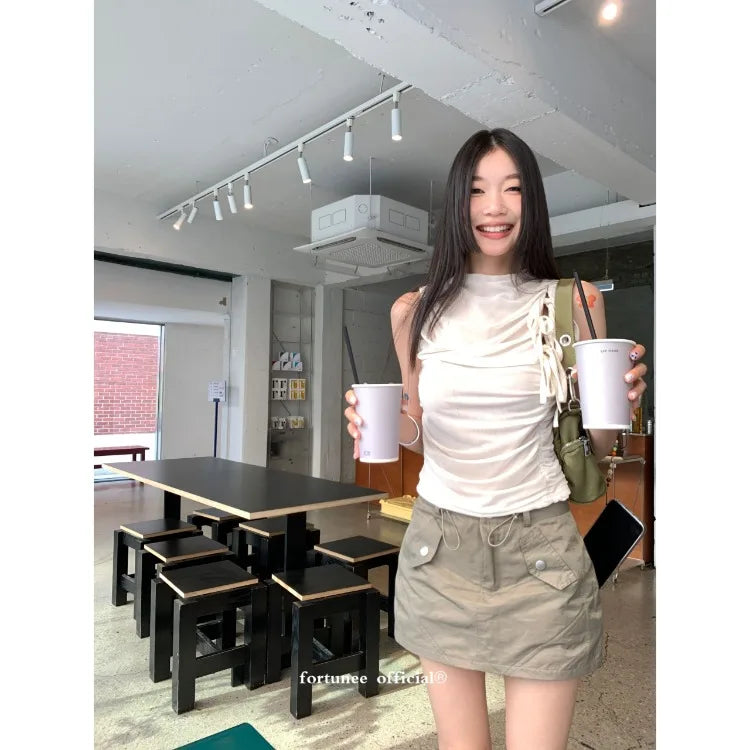 Lunivop  Double Layer Mesh Lace Up Slim Waist Ruched Vest 2025 Summer New Sleeveless Tops Mujer Y2k Simple All-match Tank Top