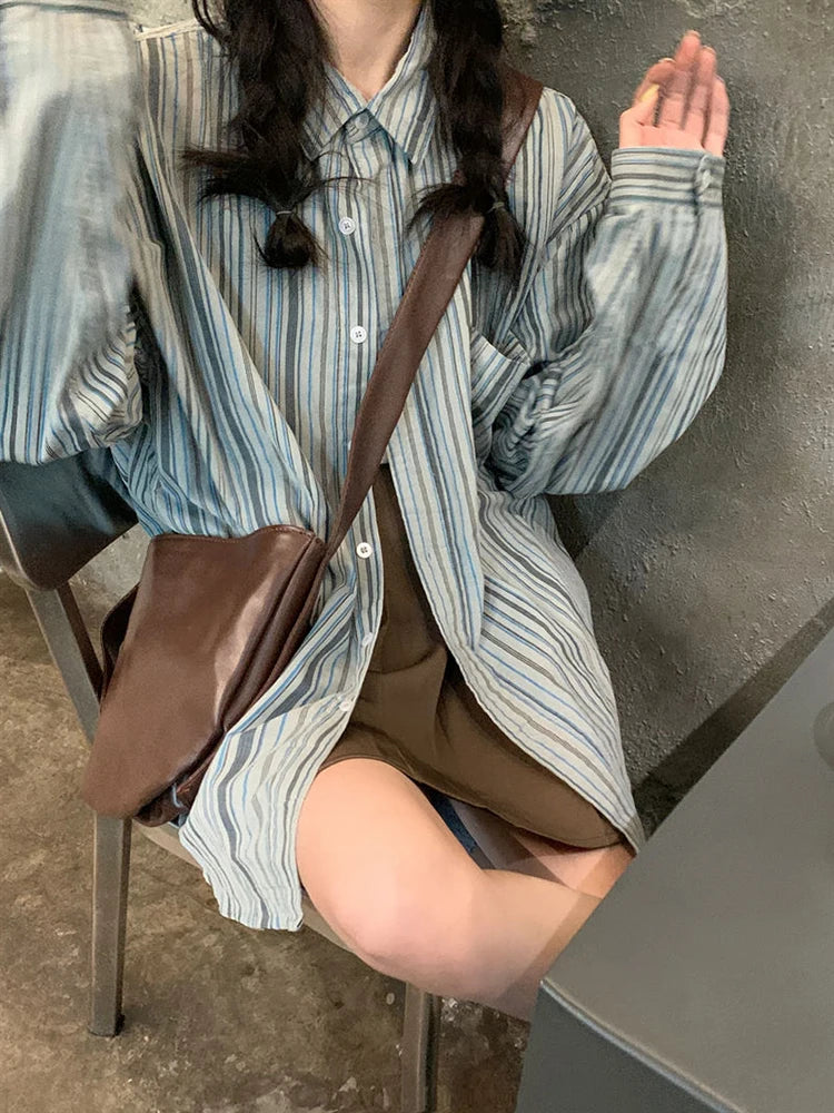 Lunivop Striped Loose Retro Shirts Women Casual Preppy Style Long Sleeve Blouse Vintage Female Pockets All Match Spring Korean Tops
