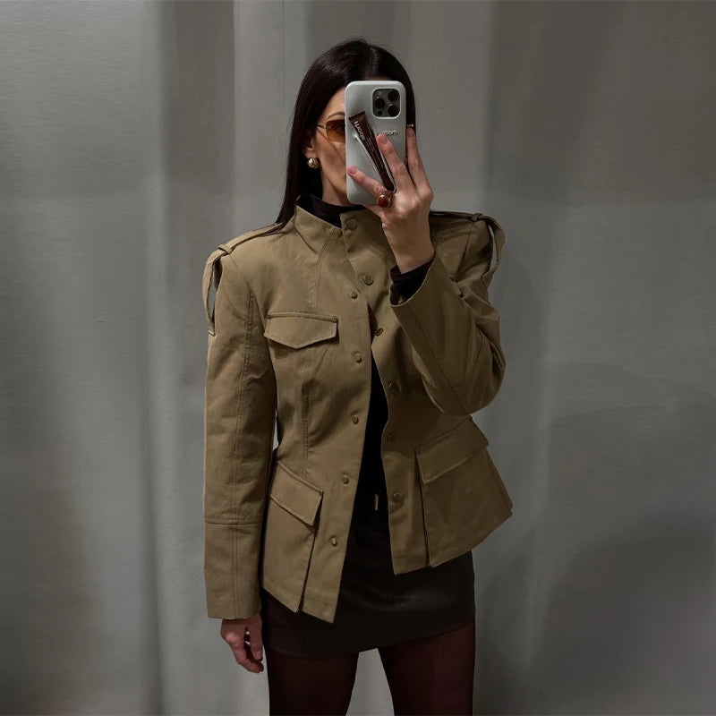 Lunivop  Strap Flap Pocketed Stand Collar Jacket Tailored Fit Buttoned Autumn Edgy Chic Women Outerwear Fashion Elegant Lady Coat