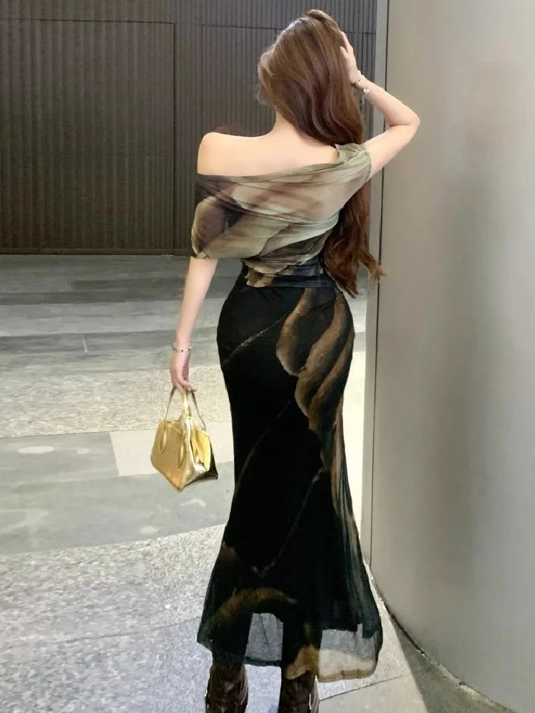 Lunivop  Dresses Women Vintage Sexy Floral Printed Slash Neck Off Shoulder Slim Elegant Party Dress Female Fashion Temperament
