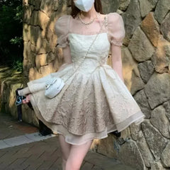 Lunivop  Japanese Summer Lolita New Spliced Lace Gauze Bandage Fashion Slim Minimalist Casual Puff Sleeve Princess Party Dresses