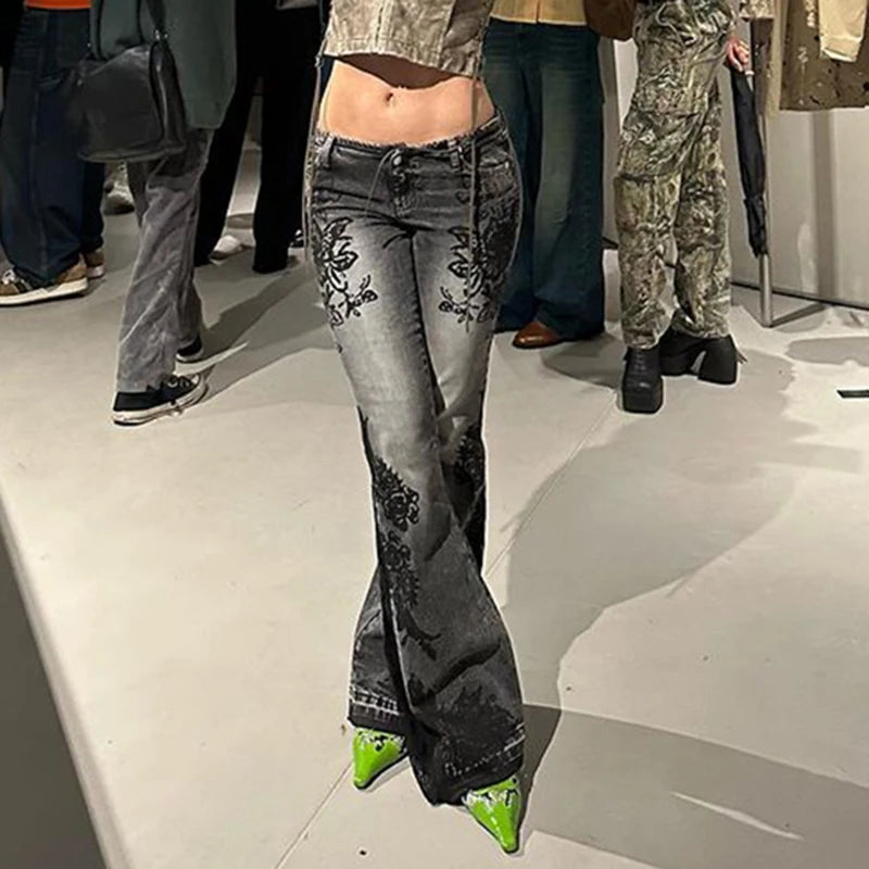 Lunivop  Streetwear y2k Flare Jeans Distressed 2000s Floral Print Low Rise Slim Denim Pants Korean Women Trousers Retro Mom Jeans
