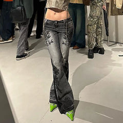 Lunivop  Streetwear y2k Flare Jeans Distressed 2000s Floral Print Low Rise Slim Denim Pants Korean Women Trousers Retro Mom Jeans