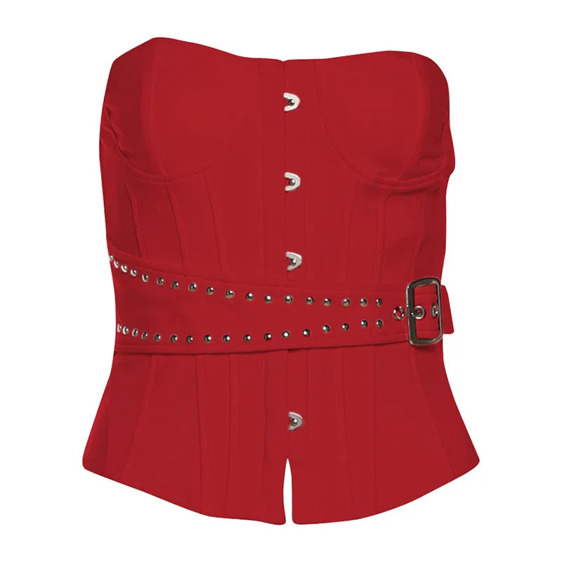 Lunivop  Corset Strapless Tank Tops with Rivets Belt Women Sexy Hidden Button Fishbone Bustier Birthday Party Clubwear Hottie Y2K Vests