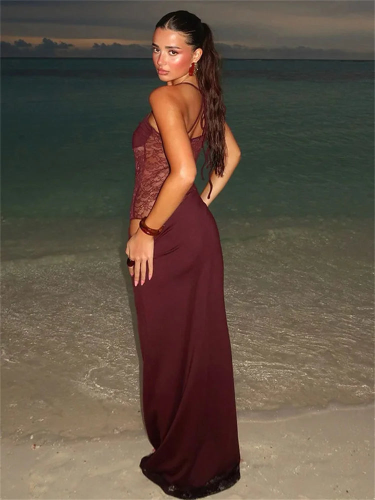 Lunivop Lace Printed Halter Dresses Female Backless Slim High Waist Drawstring Fashion Patchwork Party Dress Women's Long Dress