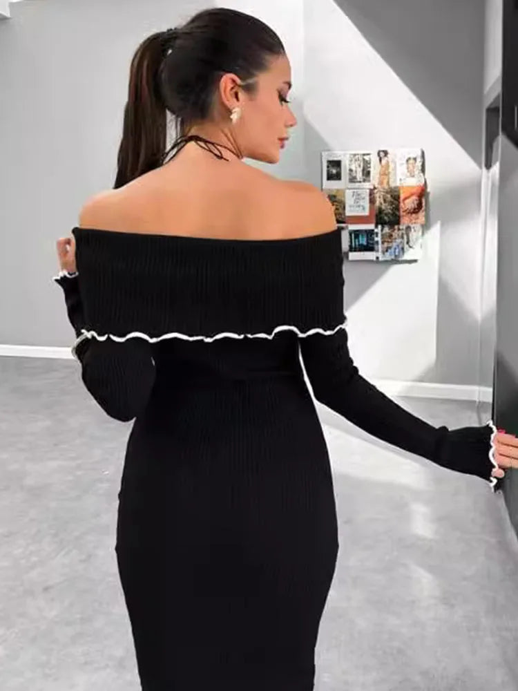 Lunivop Fall Winter Sexy One-Shoulder Long Knit Dress Slim Elegant Fungus Splice Contrast Color Sweater Female Club Party Dresses