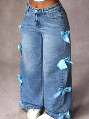 Lunivop  Y2k Wide Leg Pants Women's Bow Washed High Waist Jeans Streetwear Denims Distressed Vintage Straight Ankle Length Trousers