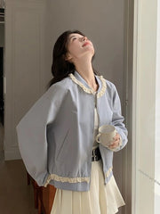 Lunivop Lace Patchwork Sweet Jacket Women Loose Vintage Preppy Style Cute Coat Female Long Sleeve Korean Retro O Neck Tops Outwear