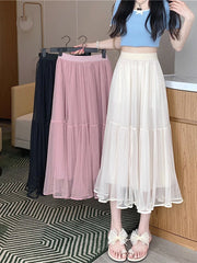 Lunivop Elegant Tulle Midi Skirt Women Sweet High Waist Mesh Pleated Skirts Korean Fashion Loose Cute Solid Casual A Line Skirt New