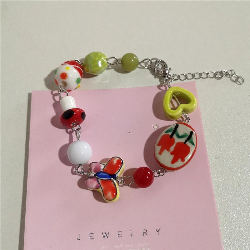Lunivop Kpop Harajuku Aesthetic Butterfly Love Star Ceramic Glass Acrylic Beaded Bracelet Girl 2000s EMO Charm Jewelry Y2K Accessories