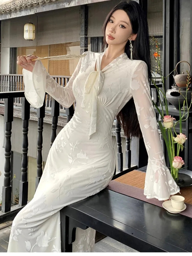 Lunivop  Elegant Flare Sleeve Long Dresses for Women New Autumn V-Neck Slim Wedding Runway Party Lace Vestidos Vintage Clothing Long Robe