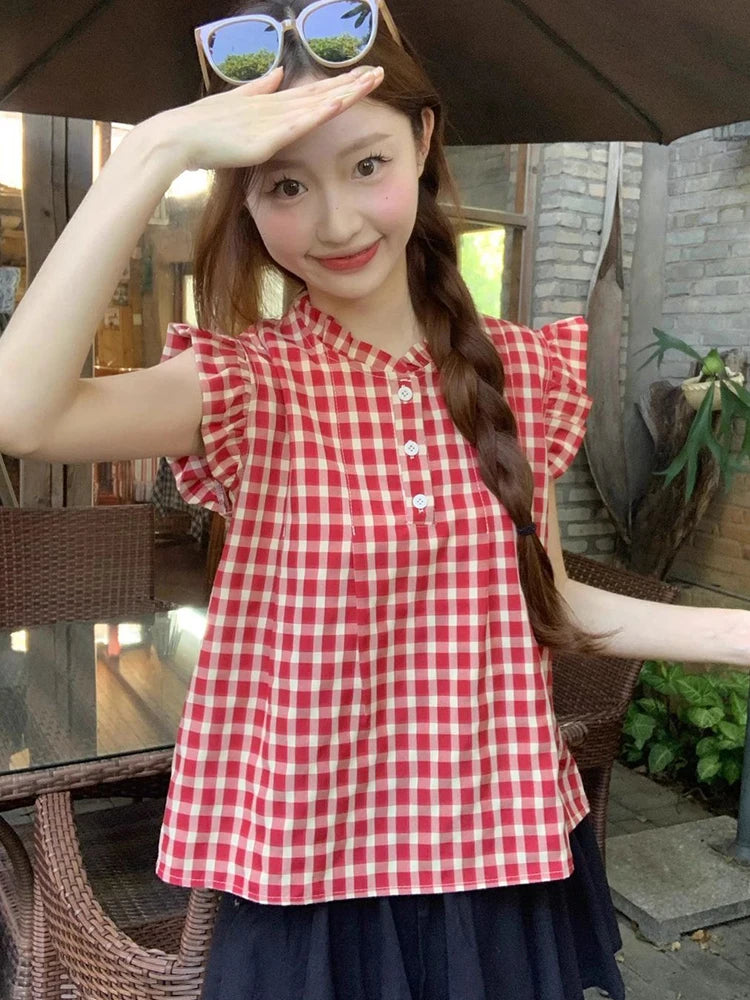 Lunivop Women Sweet Plaid Shirt Casual Preppy Style Flying Sleeve Cute Blouse Korean Summer O Neck Sleeveless Lady Vintage Tops New