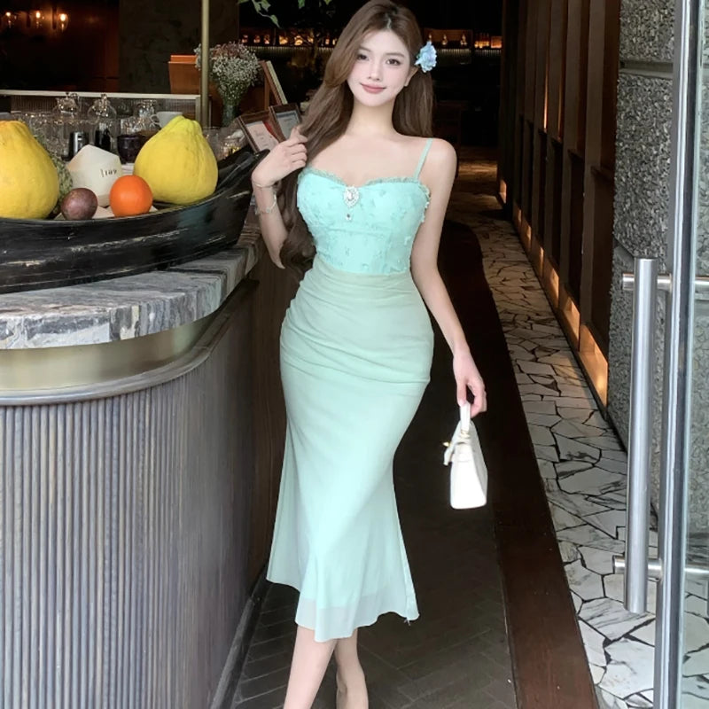 Lunivop  New Green Mesh Patchwork Diamonds Sling Long Dress Summer Elegant Casual Home Dress Women Korean Fashion Bodycon Prom Dress