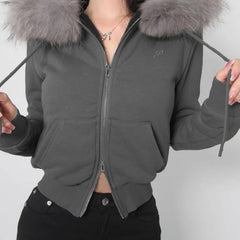 Lunivop Fairy Fur Patchwork Fashion Sweatshirts Vintage Grunge All Match Women's Coats Double Zippers Casual Hoodies Y2k Aesthetic Femme
