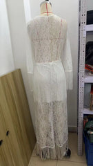 Lunivop  Women Dresses retro white lace V-neck long-sleeved fringed short front back long dress women's clothing vestidoes