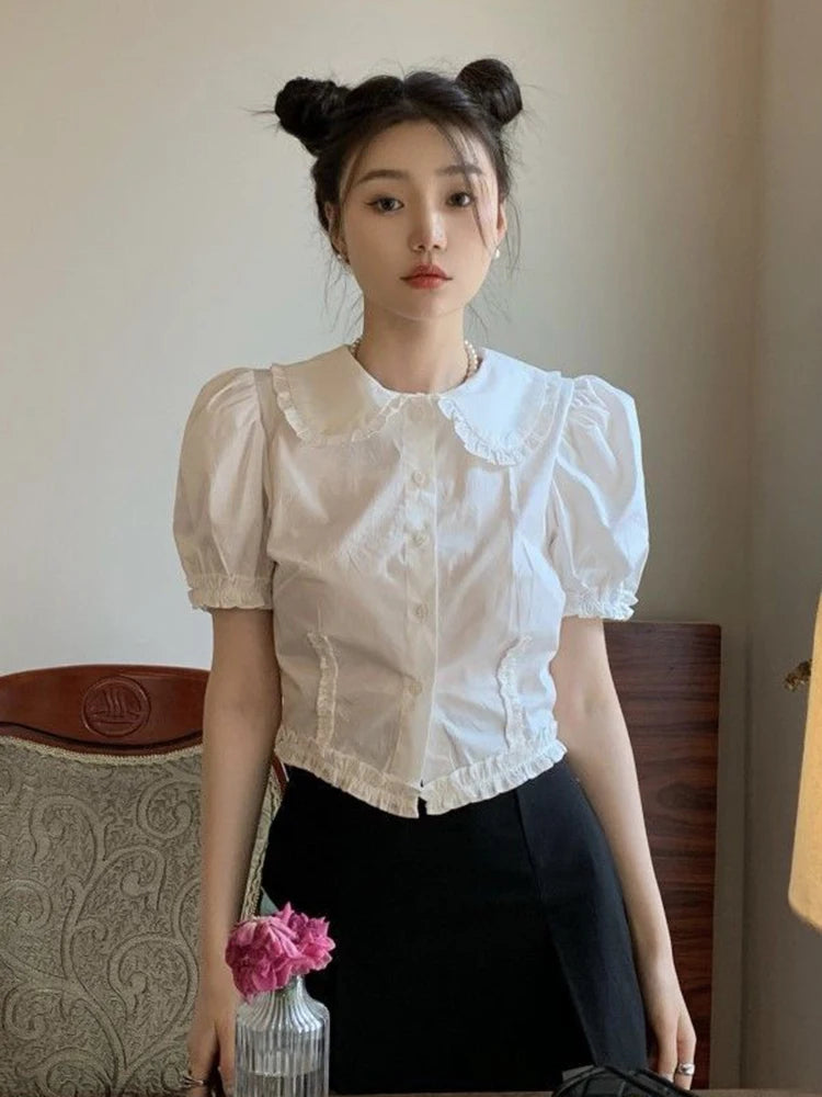 Lunivop Slim Cute Cropped White Shirt Women Summer Short Sleeve Elegant Blouse Preppy Style Vintage Sweet French Casual Design Tops