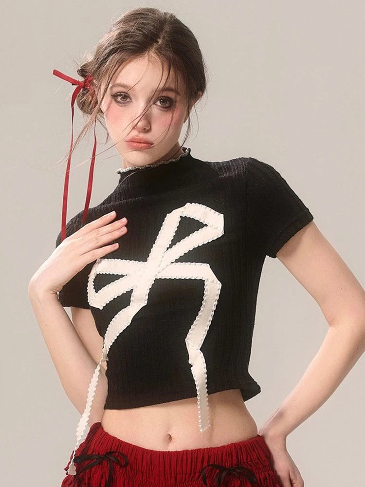 Lunivop  Cropped Slim Y2K T Shirt Women Streetwear Bow Print Sexy Short Sleeve Tees Vintage American Gothic Harajuku Black Tops New