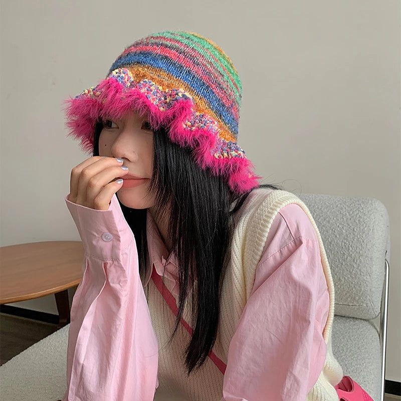 Lunivop Rainbow Knitted Hat Dopamine Fashion Retro Gradient Contrast Plush Ruffle Warmth Striped Oil Painting Woolen Fisherman Cap Decor