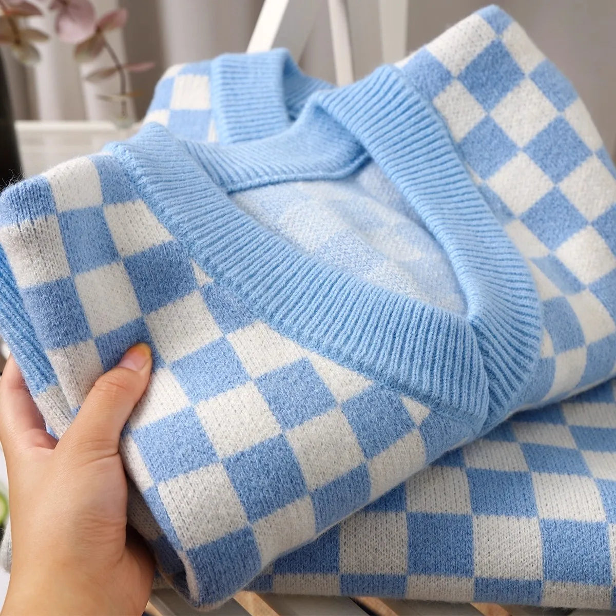 Lunivop Checkered Sweater Vest Women Blue and White Checkerboard Sleeveless Knit Top Teen-girl Y2K Preppy Style Outfit