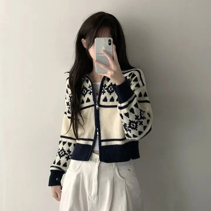 Lunivop Zip Up Cardigan for Women Fair Isle Print Zipper Front Knitted Sweater Jacket Teen-girl Autumn Winter Vintage Chic Outfit