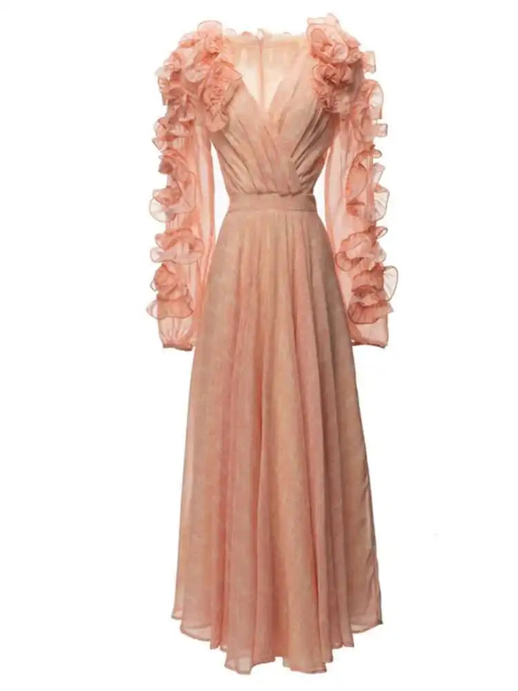 Lunivop Printing 3D Flowers Women's Dresses V Neck Long Sleeve High Waist Loose Elegant Dress Female Autumn 2025 New