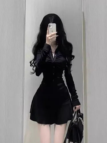 Lunivop  Bla Pleated Long Sve irt Dr Slim Fit A-Line  Skirt Women's Faion Early Spring New Sle Spicy Girl Waist...