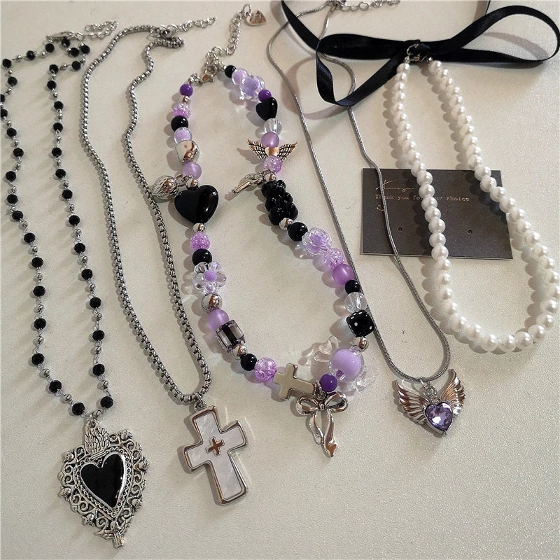 Lunivop Kpop Cute Aesthetic Heart Bow Cross Pendant Purple Bead Necklace Egirl Goth Vintage 2000s Y2K EMO Rave Jewelry Scene Accessories