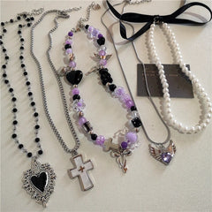 Lunivop Kpop Cute Aesthetic Heart Bow Cross Pendant Purple Bead Necklace Egirl Goth Vintage 2000s Y2K EMO Rave Jewelry Scene Accessories