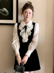 Lunivop  Elegant France Velvet Mini Dress Women's Vintage Lace Patchwork Long Sleeve Slim Vestidos Autumn Winter Birthday Party Dresses