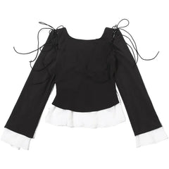 Tossy Fashion Lace-Up Hollow Out Mesh Top For Women Flared Sleeves Casual Patchwork Solid Slim Autumn 2025 New Pullover Y2K Top
