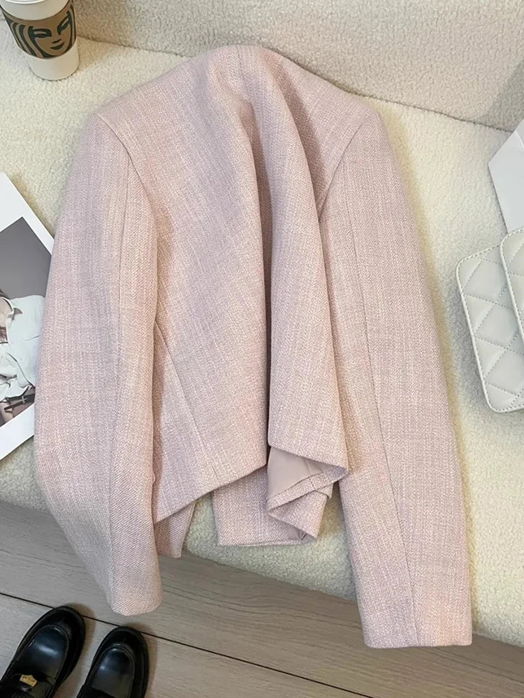 Lunivop Elegant Women Pink Blazer Coat Sweet Long Sleeve Fashion Slim Suit Jacket Korean Chic O Neck Female Fall Winter Casual Outwear