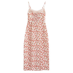 Lunivop  Retro French style Summer Cherry Print Corset Style Midi Sling Dress Sexy Women Spliced Lace V neck Back Slit Long Robe