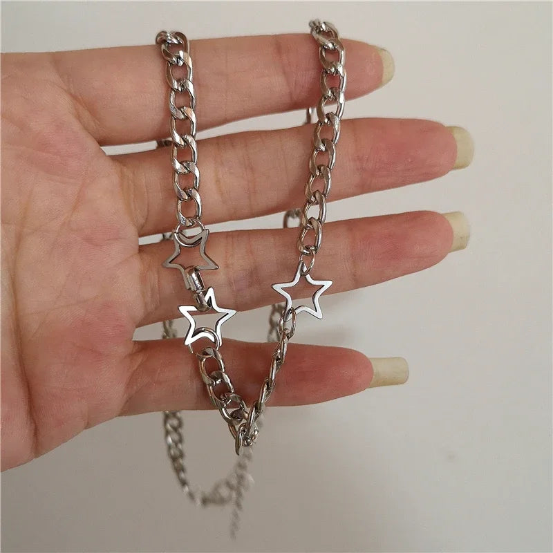 Lunivop Vintage Goth Cool Star Pendant Beaded Silver Color Chain Necklace For Women Men Aesthetic Kpop Grunge Y2K EMO Jewely Accessory