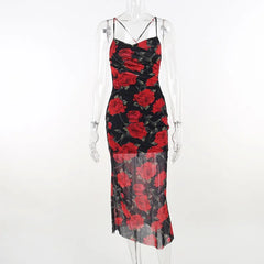 Lunivop  Flowers Print Spaghetti Strap Dresses Women Temperament Package Hip Bodycon Long Dress Fashion Sexy Backless Lady Slim  the dress black dress white dress