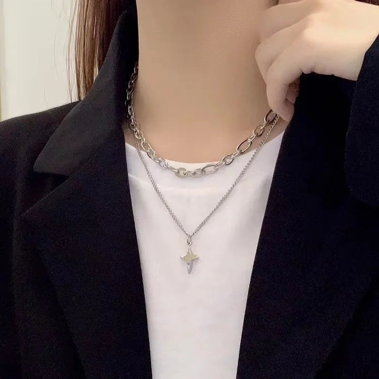 Lunivop New Design Double Layer Link Chain Cross Star Necklace for Women Man Teens Trendy Punk Hip hop Stainless Steel Choker