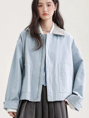 Lunivop Blue Cargo Jacket Women Sweet Preppy Style Long Sleeve Retro Coat Casual Patchwork Turn Down Collar Korean Fall Outwear Top