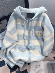 Lunivop Cartoon Striped Hooded Cardigan Women Loose Cute Long Sleeve Sweet Knitted Sweater Preppy Style Female Kawaii Vintage Tops