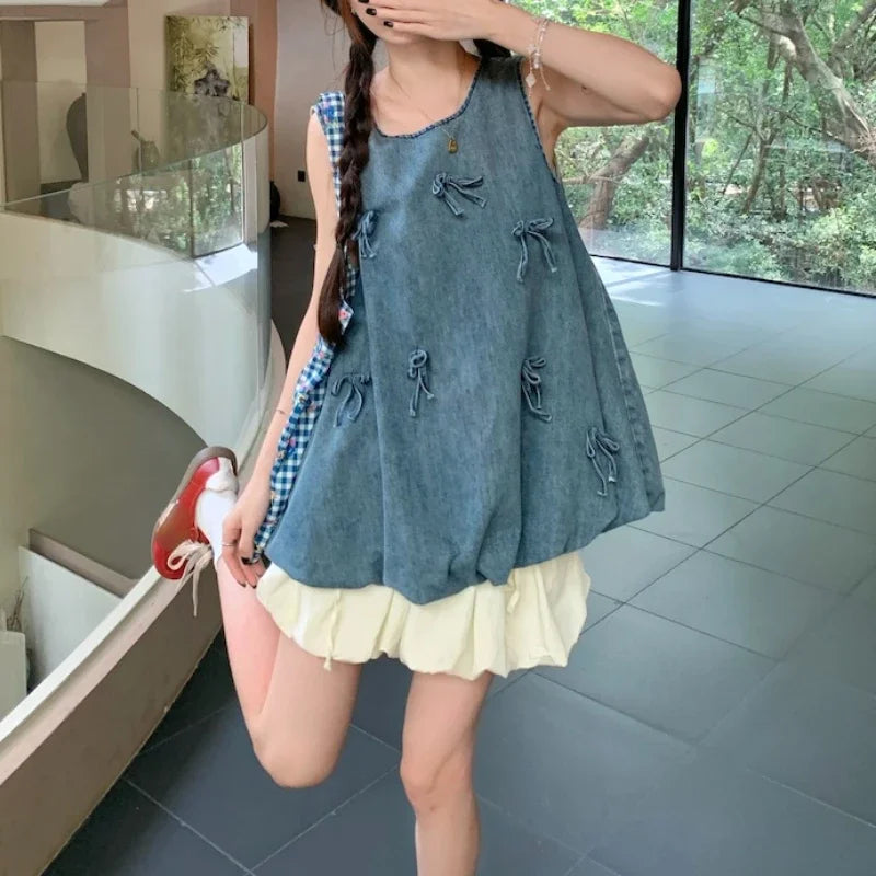 Lunivop Summer New O-neck Backless Bow Splicing Distressed Casual Denim Tank Tops Women + Pleated A-line Skirt Two-piece Suit