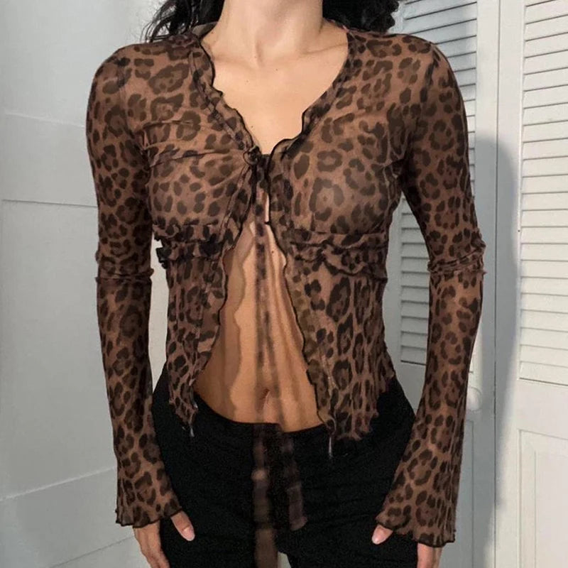 Lunivop  y2k Sexy Mesh Crop Top Vintage 2000s Leopard Print Ruffles Patchwork Bandage Cardigan T-shirts Women Transparent Club Tee