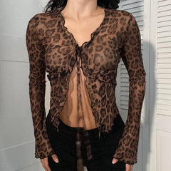 Lunivop  y2k Sexy Mesh Crop Top Vintage 2000s Leopard Print Ruffles Patchwork Bandage Cardigan T-shirts Women Transparent Club Tee