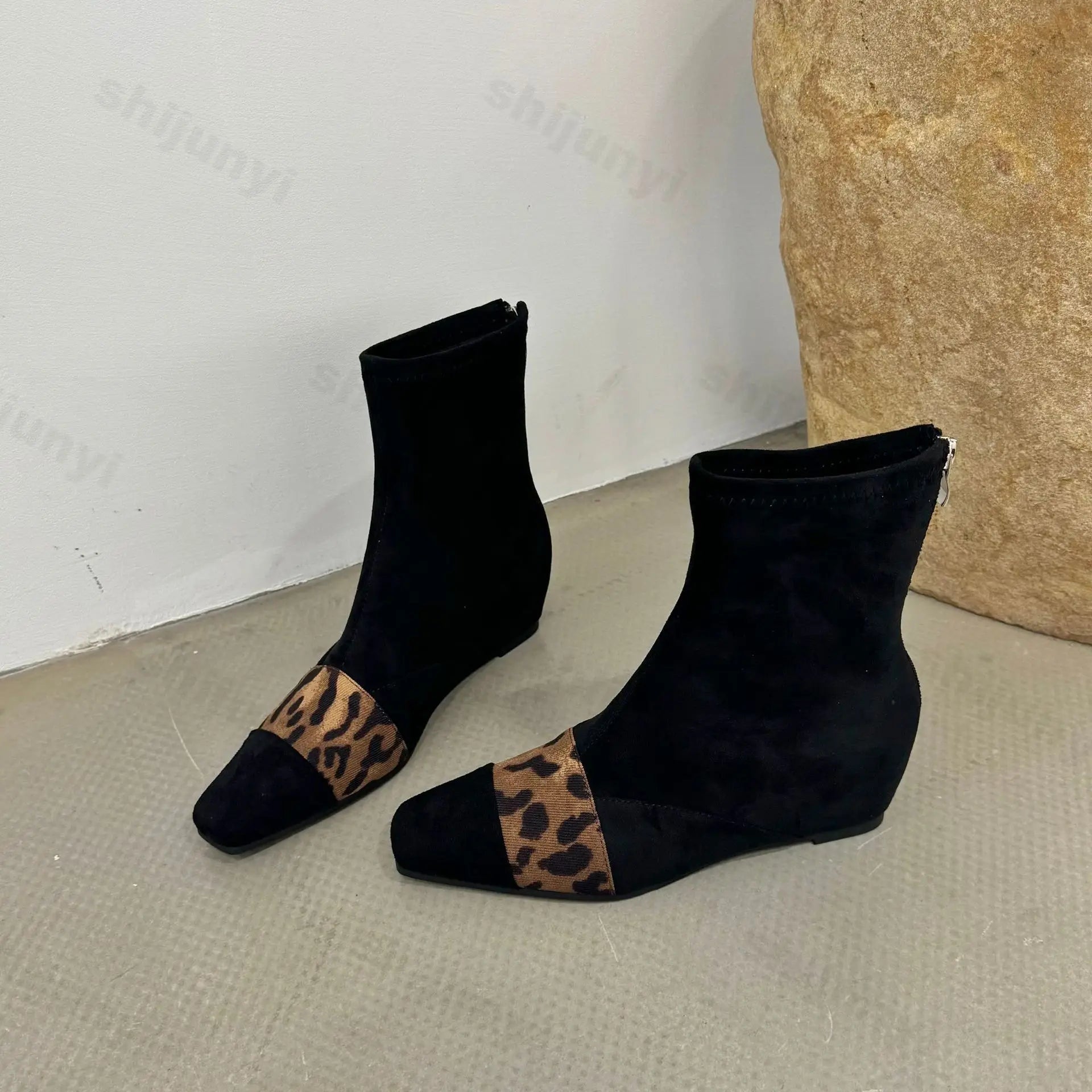 Lunivop Leopard Print Women Sock Boots New Fashion Pointed Toe Short Booties Elegant Back Zipper Thick Heel Botas De Mujer