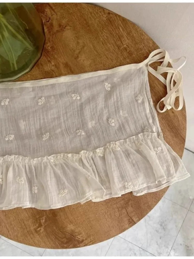 Lunivop  Y2k Sweet Embroidery Flower Skirts See Through Mesh Skirt for Women 2025 Summer New High Waist Lace Up Faldas Mujer