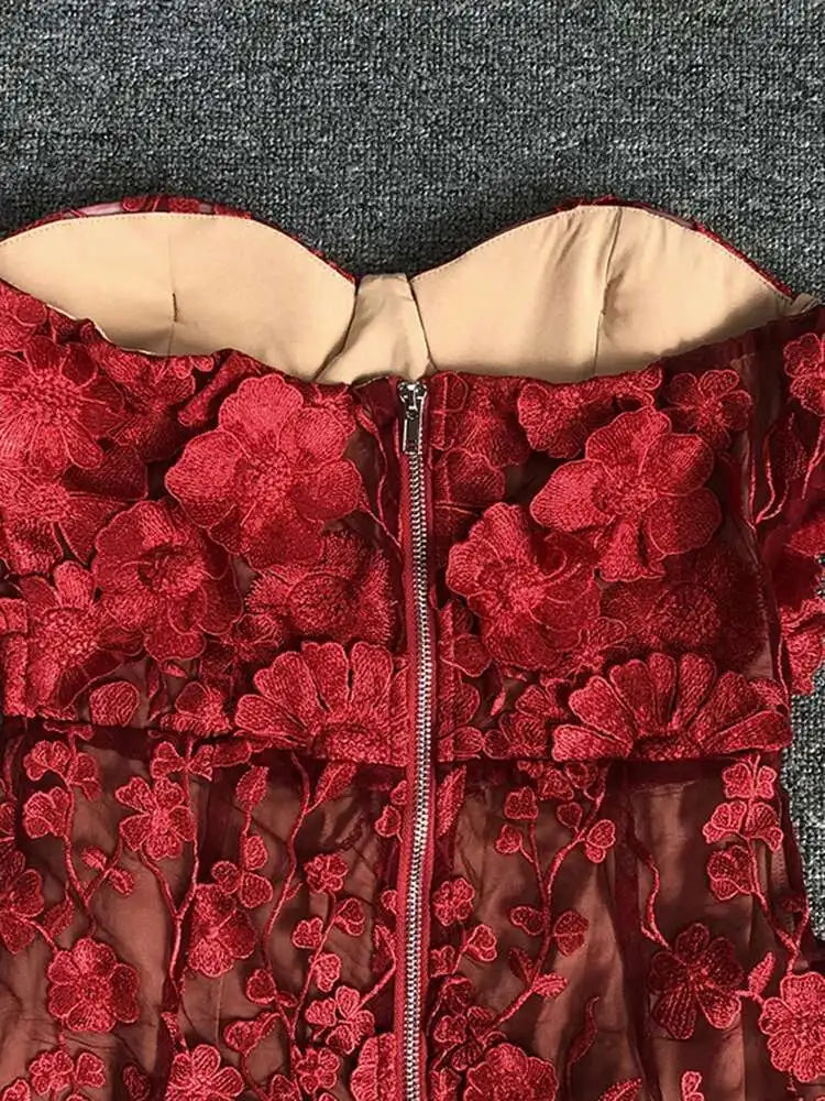 Lunivop Fashionable Solid Mesh Embroidered 3D Flower Women's Dresses Strapless Sleeveless High Waist Dress New Tide