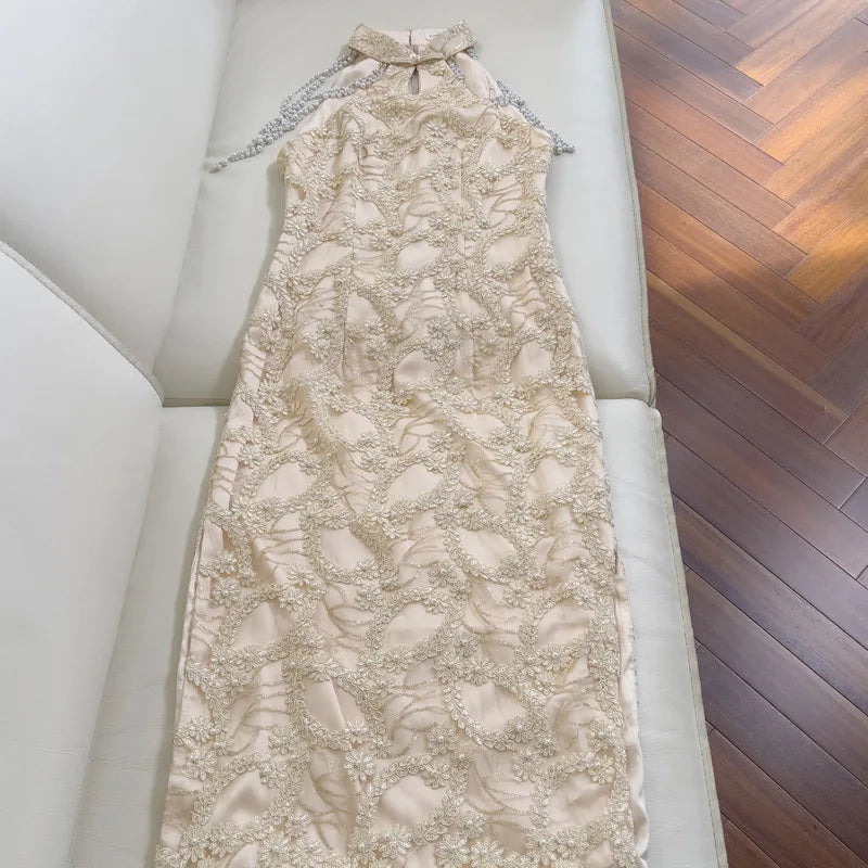 Lunivop  Fashion Pearl Embroidered Dress Women's Sleeveless Waist Retraction Dresses 2025 Summer New Tide