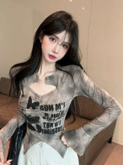 Lunivop  American New Tie Dye Printed Top for Women Spring Slim Fit Bottoming T-shirts Fashion All-match Flare Sleeve Tee Shirt