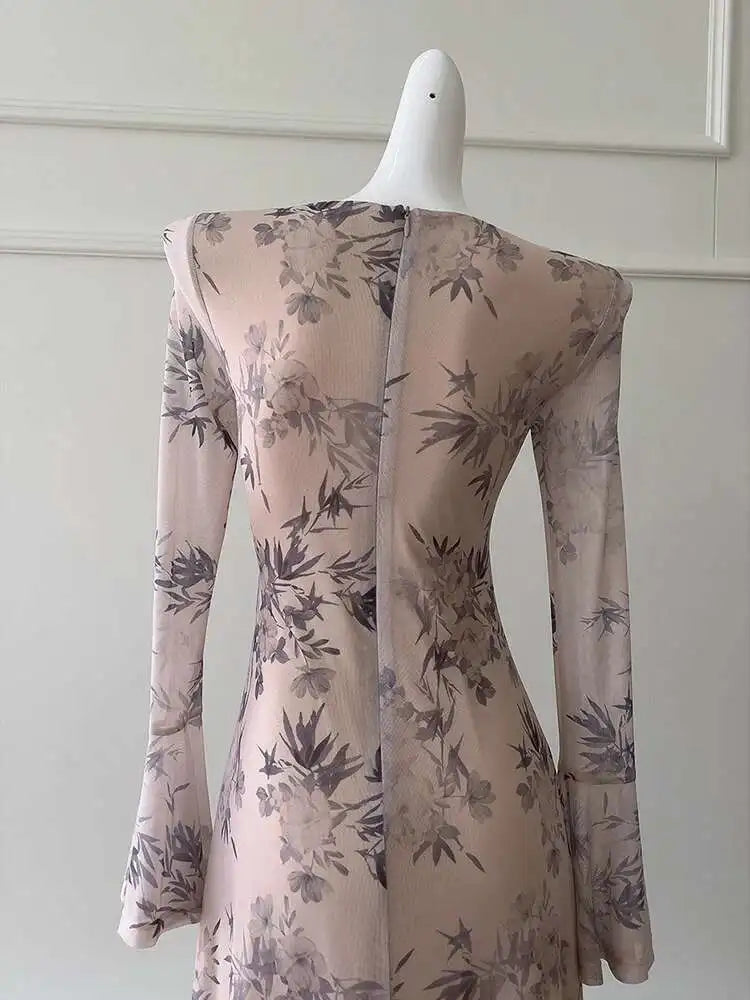 Lunivop French Women's Printing Design Dresses V Neck High Waist Long Sleeve Slim Elegant Dress Female Autumn 2025 New